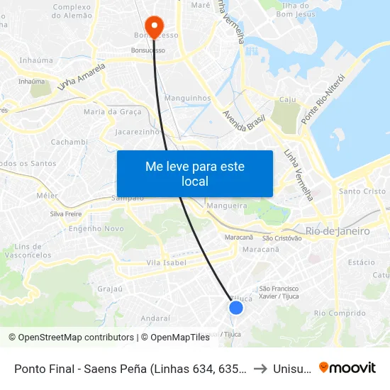 Ponto Final - Saens Peña (Linhas 634, 635 E Sp635) to Unisuam map