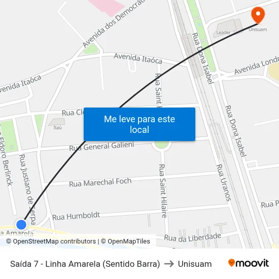 Saída 7 - Linha Amarela (Sentido Barra) to Unisuam map