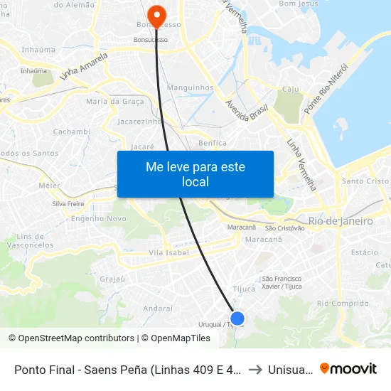 Ponto Final - Saens Peña (Linhas 409 E 416) to Unisuam map