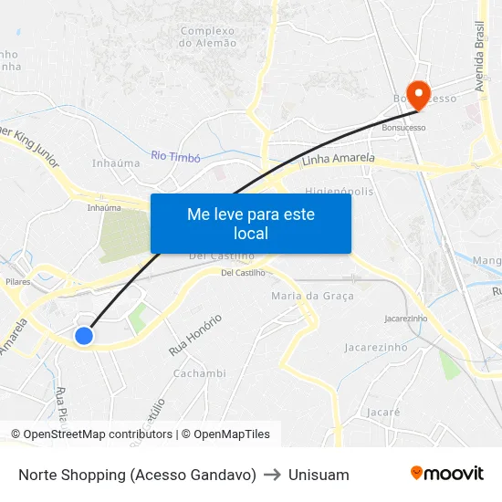 Norte Shopping (Acesso Gandavo) to Unisuam map