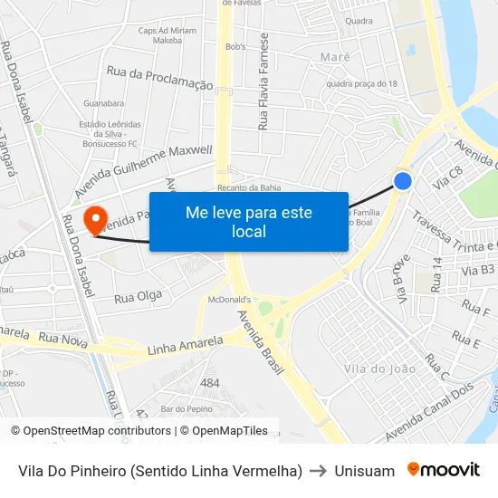 Vila Do Pinheiro (Sentido Linha Vermelha) to Unisuam map