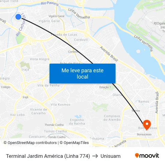 Terminal Jardim América (Linha 774) to Unisuam map
