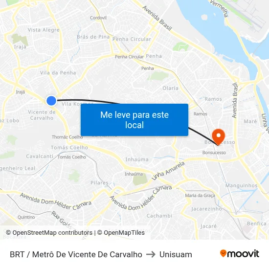 BRT / Metrô De Vicente De Carvalho to Unisuam map