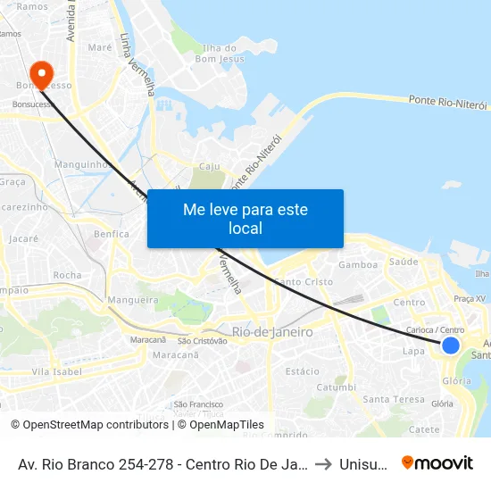 Av. Rio Branco 254-278 - Centro Rio De Janeiro to Unisuam map