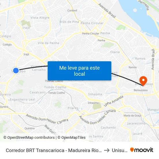 Corredor BRT Transcarioca - Madureira Rio De Janeiro to Unisuam map