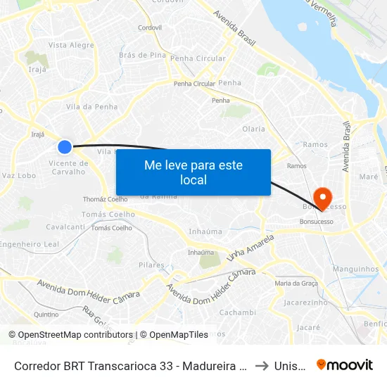 Corredor BRT Transcarioca 33 - Madureira Rio De Janeiro to Unisuam map