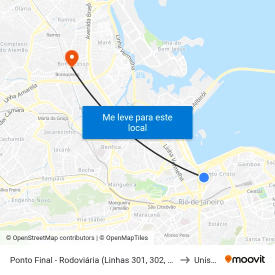 Ponto Final - Rodoviária (Linhas 301, 302, 606 E Sv606) to Unisuam map
