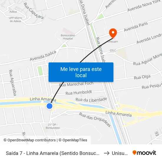 Saída 7 - Linha Amarela (Sentido Bonsucesso) to Unisuam map