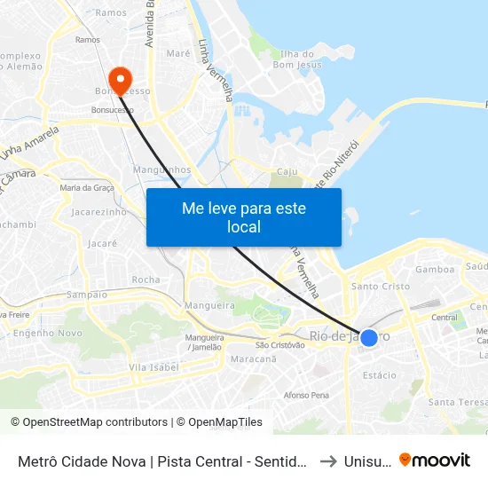 Metrô Cidade Nova | Pista Central - Sentido Candelária to Unisuam map