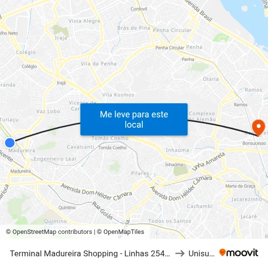 Terminal Madureira Shopping - Linhas 254, 766 E 777 to Unisuam map