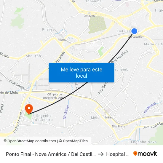 Ponto Final - Nova América / Del Castilho (Linhas 616/913 - Integração Fundão) to Hospital Dom Pedro II map