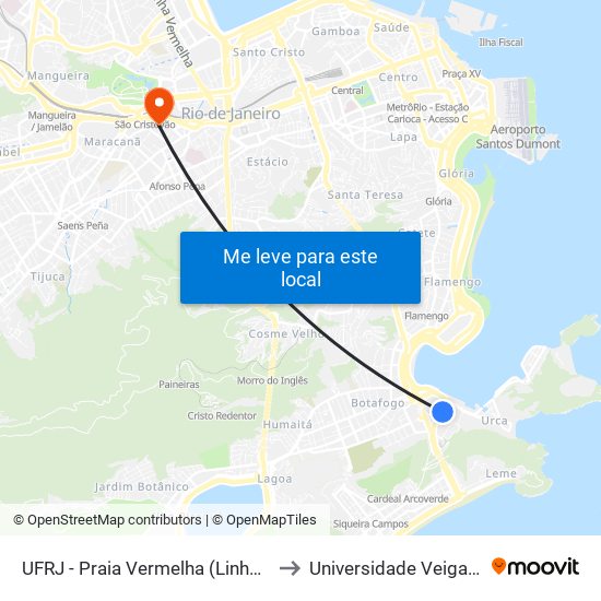 UFRJ - Praia Vermelha (Linhas Via Botafogo) to Universidade Veiga De Almeida map