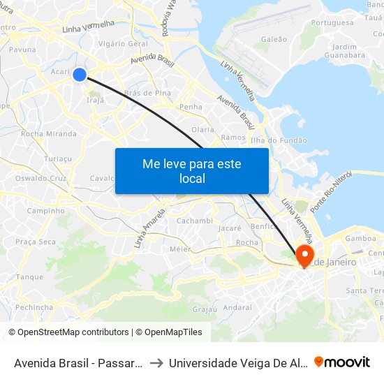 Avenida Brasil - Passarela 25 to Universidade Veiga De Almeida map