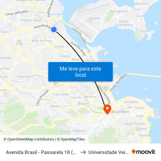Avenida Brasil - Passarela 18 (Mercado São Sebastião) to Universidade Veiga De Almeida map