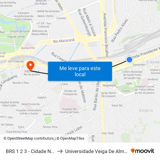 BRS 1 2 3 - Cidade Nova to Universidade Veiga De Almeida map