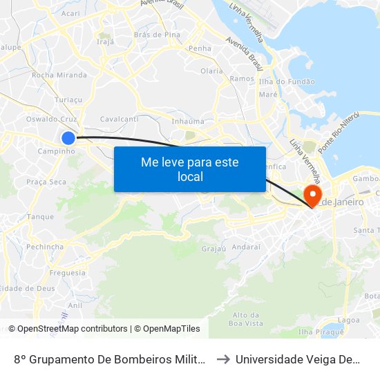8º Grupamento De Bombeiros Militar - Campinho to Universidade Veiga De Almeida map