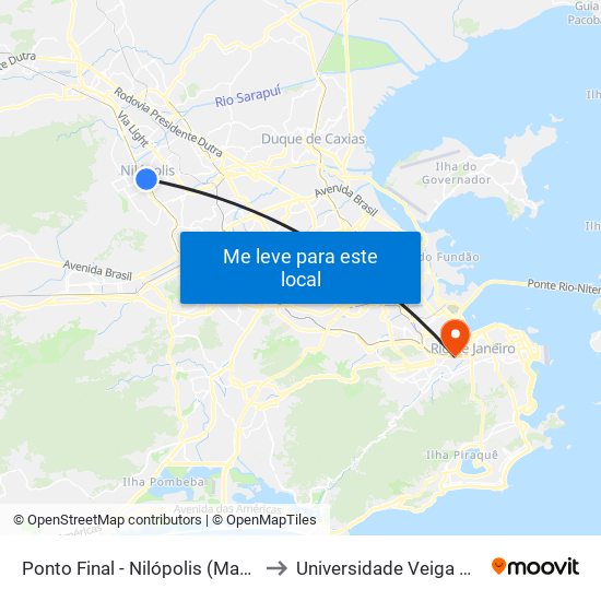 Ponto Final - Nilópolis (Master / Flores) to Universidade Veiga De Almeida map