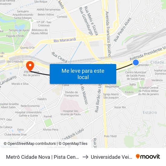 Metrô Cidade Nova | Pista Central - Sentido Candelária to Universidade Veiga De Almeida map