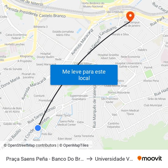 Praça Saens Peña - Banco Do Brasil (Linhas Para Rua Pareto) to Universidade Veiga De Almeida map