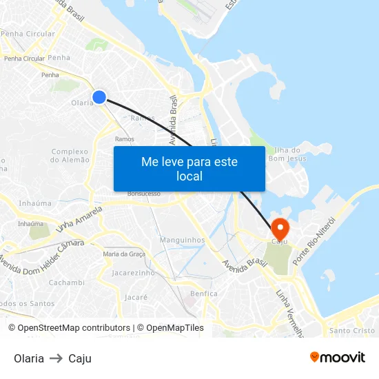 Olaria to Caju map