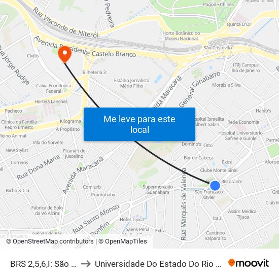 BRS 2,5,6,I: São Francisco Xavier to Universidade Do Estado Do Rio De Janeiro - Campus Maracanã map