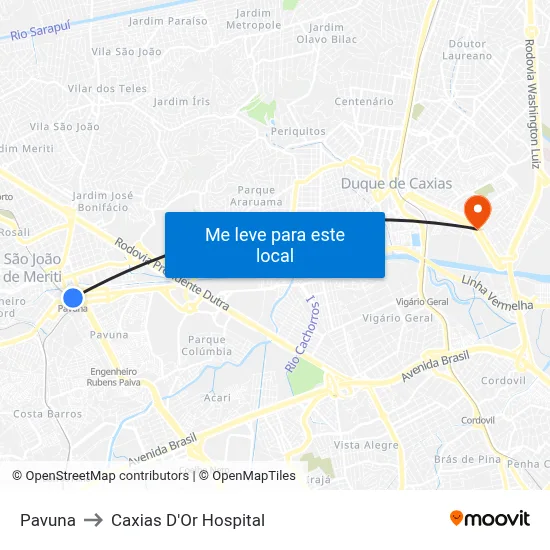 Pavuna to Caxias D'Or Hospital map