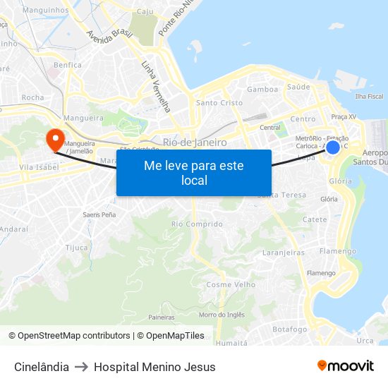 Cinelândia to Hospital Menino Jesus map