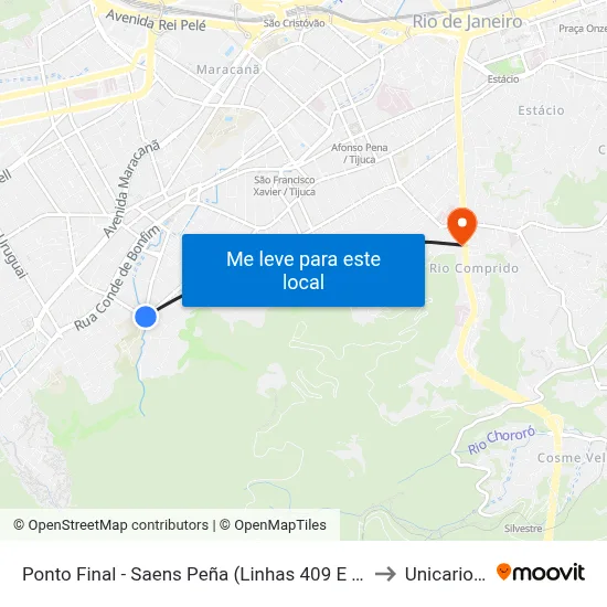 Ponto Final - Saens Peña (Linhas 409 E 416) to Unicarioca map