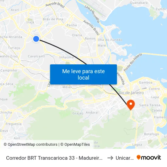 Corredor BRT Transcarioca 33 - Madureira Rio De Janeiro to Unicarioca map