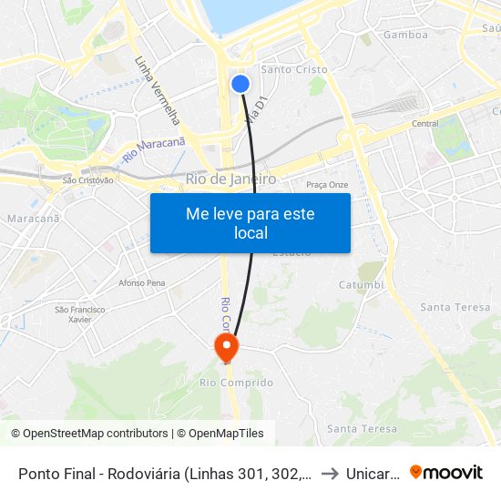 Ponto Final - Rodoviária (Linhas 301, 302, 606 E Sv606) to Unicarioca map