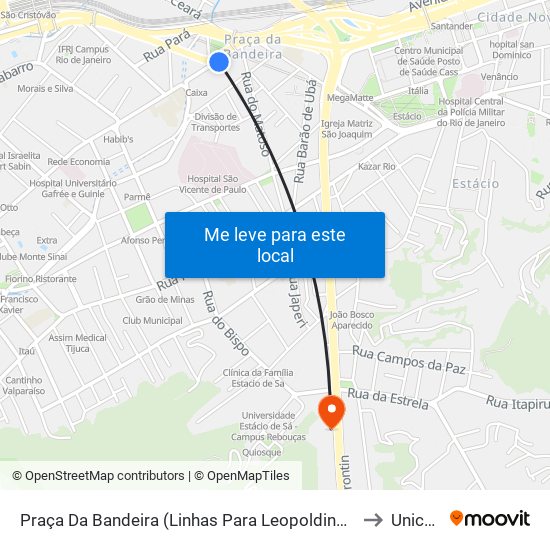 Praça Da Bandeira (Linhas Para Leopoldina/Rodoviária - Pista Lateral) to Unicarioca map