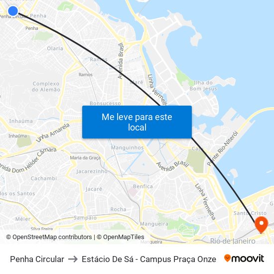 Penha Circular to Estácio De Sá - Campus Praça Onze map