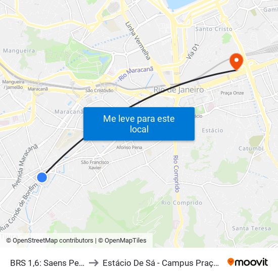 BRS 1,6: Saens Peña II to Estácio De Sá - Campus Praça Onze map