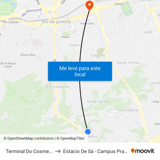 Terminal Do Cosme Velho to Estácio De Sá - Campus Praça Onze map