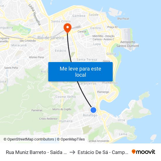 Rua Muniz Barreto - Saída Metrô Botafogo to Estácio De Sá - Campus Praça Onze map