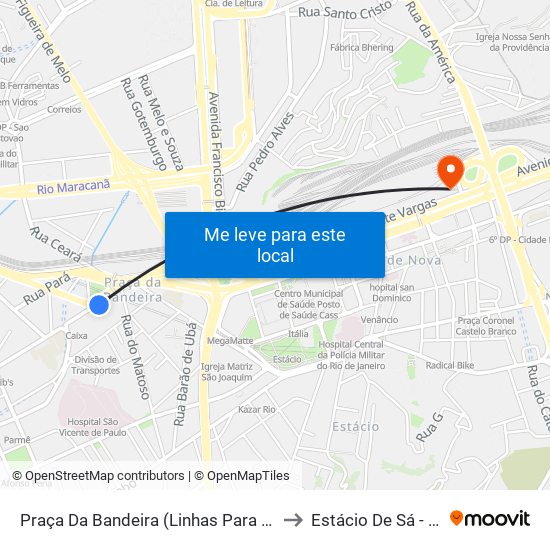 Praça Da Bandeira (Linhas Para Leopoldina/Rodoviária - Pista Lateral) to Estácio De Sá - Campus Praça Onze map