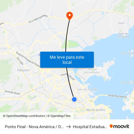 Ponto Final - Nova América / Del Castilho (Linhas 616/913 - Integração Fundão) to Hospital Estadual Adão Pereira Nunes Heliport map