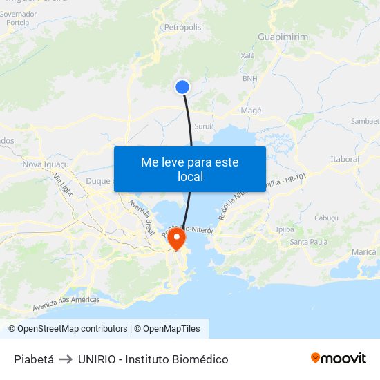 Piabetá to UNIRIO - Instituto Biomédico map