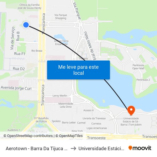 Aerotown - Barra Da Tijuca (Embarque E Desembarque - 1001) to Universidade Estácio De Sá - Barra I Tom Jobim map