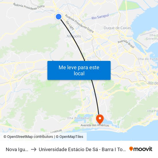 Nova Iguaçu to Universidade Estácio De Sá - Barra I Tom Jobim map