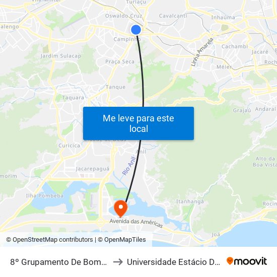 8º Grupamento De Bombeiros Militar - Campinho to Universidade Estácio De Sá - Barra I Tom Jobim map