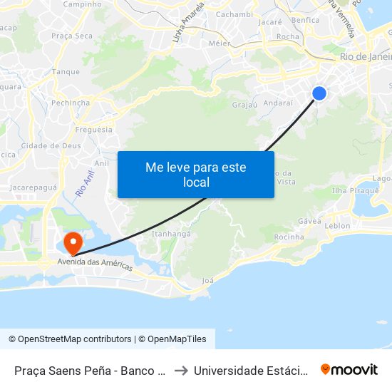 Praça Saens Peña - Banco Do Brasil (Linhas Para Rua Pareto) to Universidade Estácio De Sá - Barra I Tom Jobim map