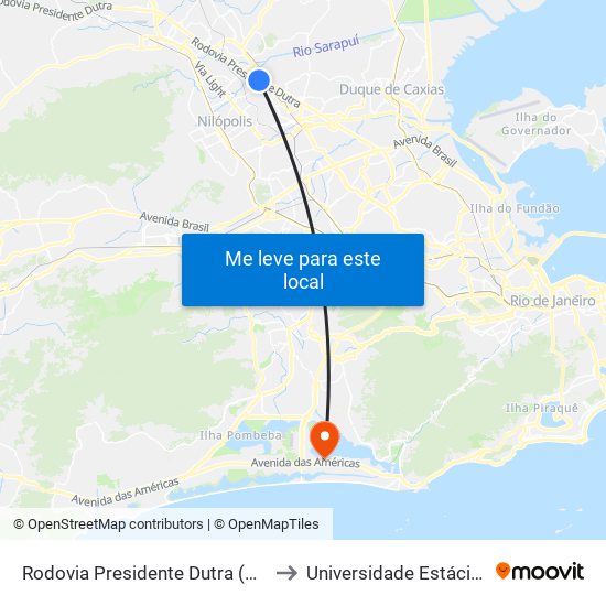 Rodovia Presidente Dutra (Passarela Do Oásis/Coelho Da Rocha) to Universidade Estácio De Sá - Barra I Tom Jobim map