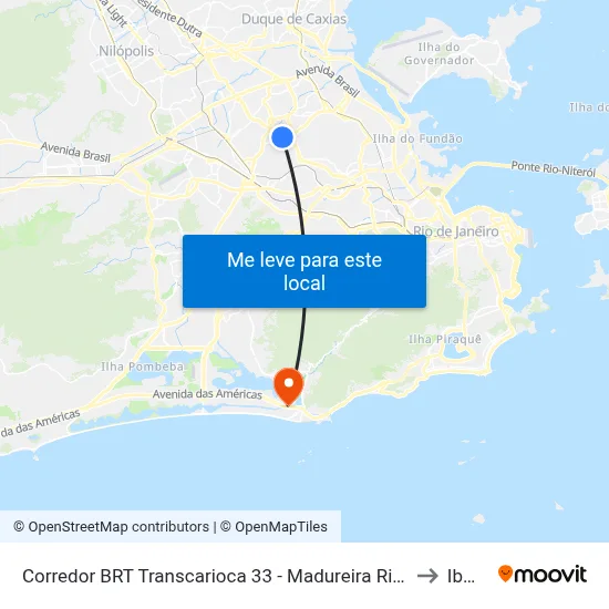 Corredor BRT Transcarioca 33 - Madureira Rio De Janeiro to Ibmec map