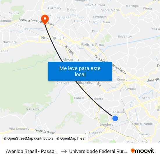 Avenida Brasil - Passarela 31 (2 - Sentido Itaguaí / Seropédica) to Universidade Federal Rural Do Rio De Janeiro, Instituto Multidisciplinar map