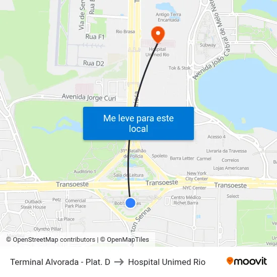 Terminal Alvorada - Plat. D to Hospital Unimed Rio map