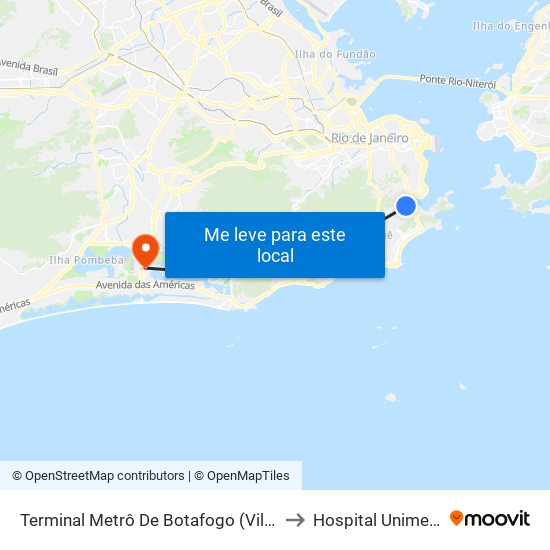 Terminal Metrô De Botafogo (Vila Isabel) to Hospital Unimed Rio map