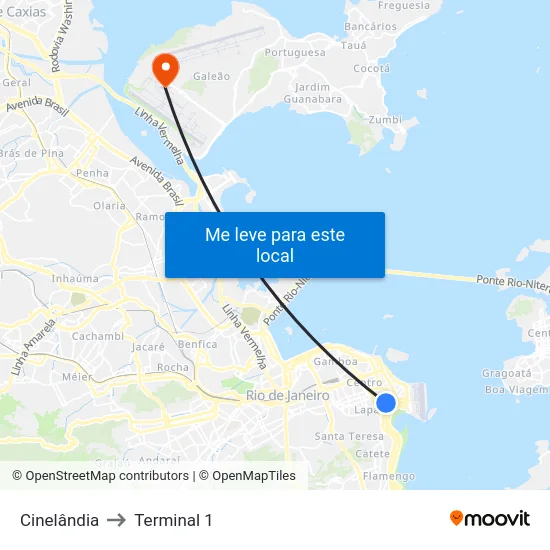 Cinelândia to Terminal 1 map