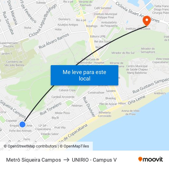 Metrô Siqueira Campos to UNIRIO - Campus V map