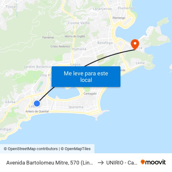 Avenida Bartolomeu Mitre, 570 (Linhas Sentido Barra) to UNIRIO - Campus V map